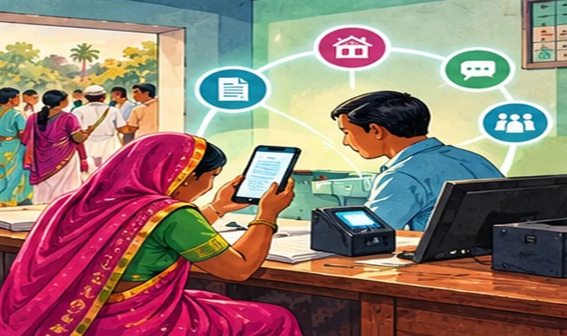 A villager using a smartphone at a Common Service Centre while an operator helps her, with digital icons floating above