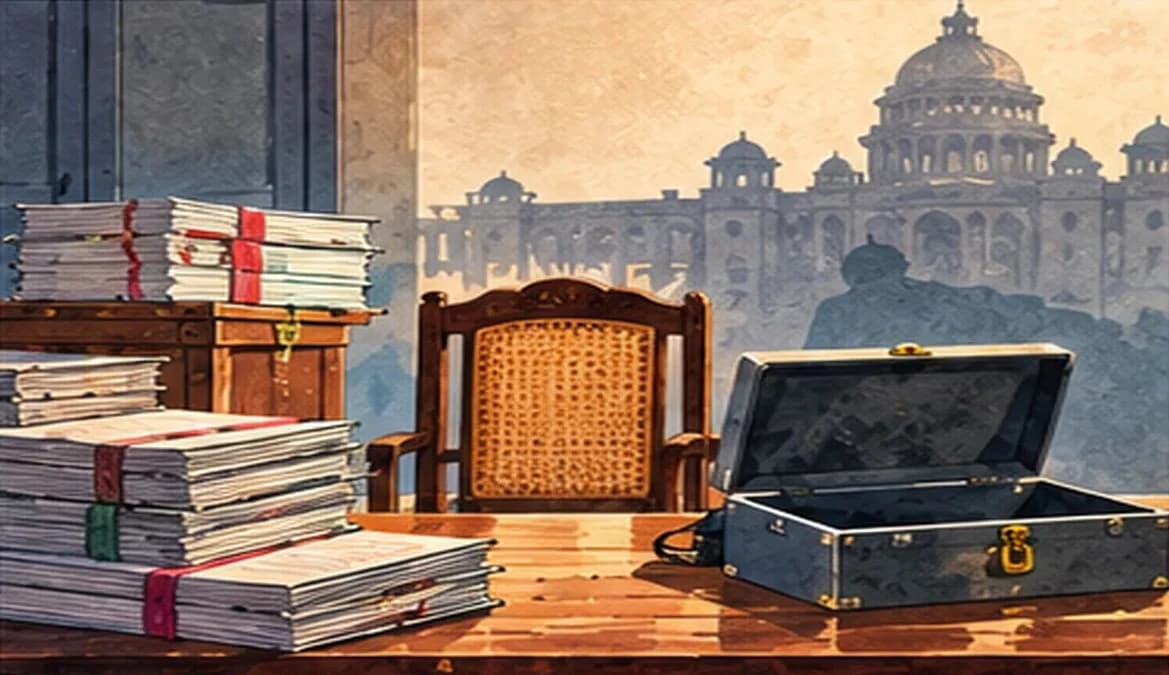 A panchayat office with an empty chair, an empty cash box and a pile of files stamped by higher departments