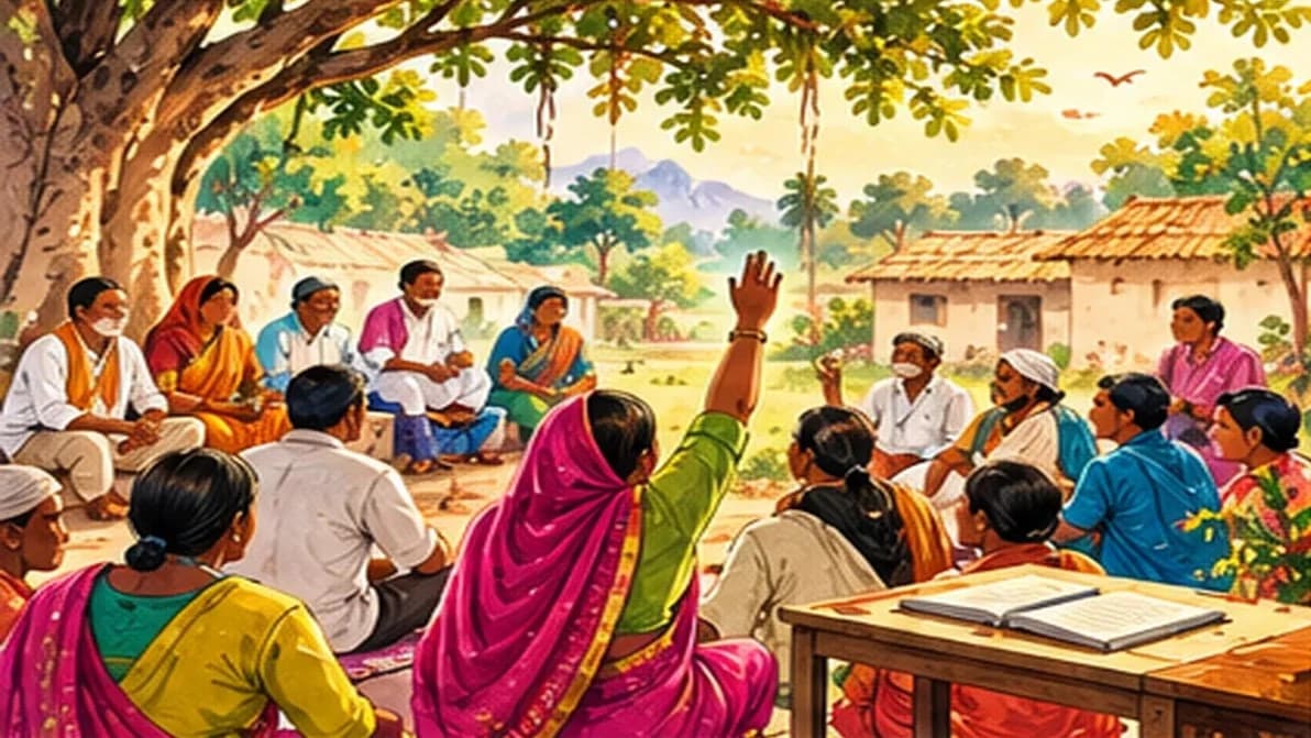 A Gram Sabha meeting in a village courtyard with villagers seated on mats and a register open on a small table