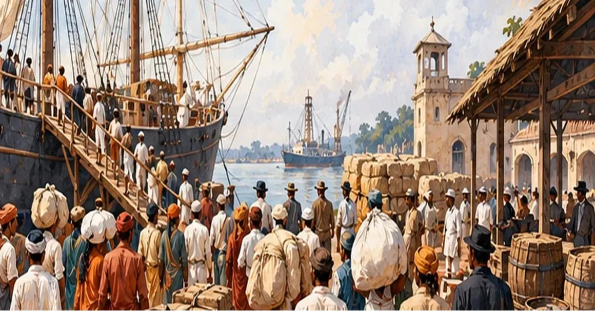 Illustration of a 19th-century emigration depot at a river port, Indian labourers with bundles waiting beside a sailing ship