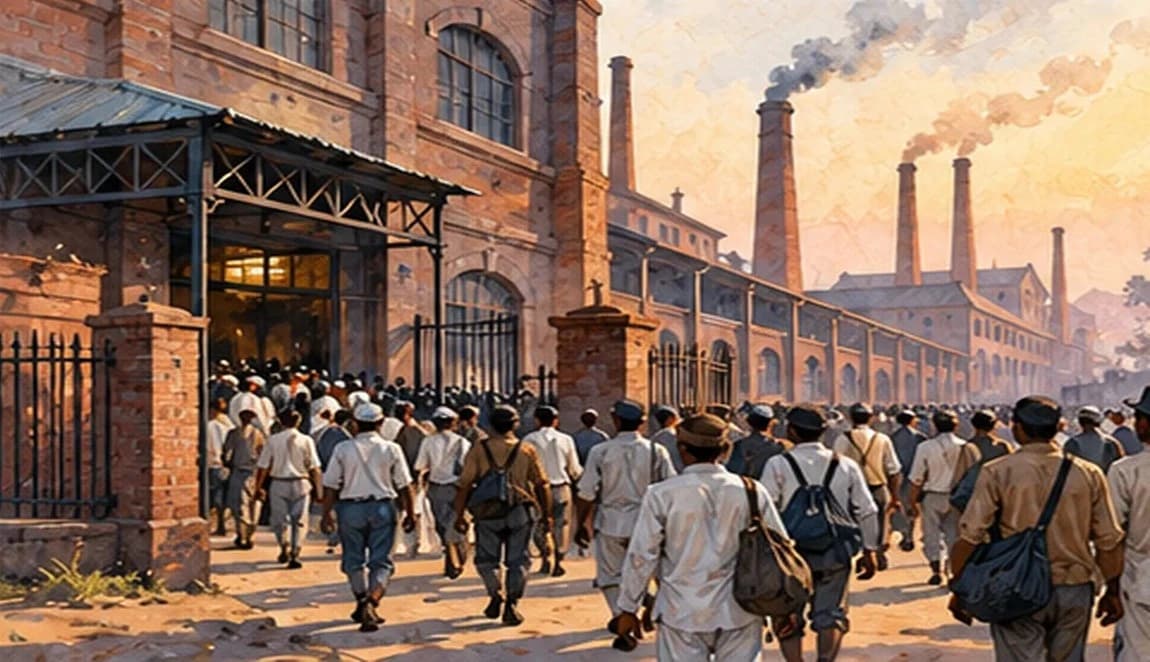 Illustration of workers leaving a late 19th-century Indian textile mill at shift change, tall brick chimneys behind