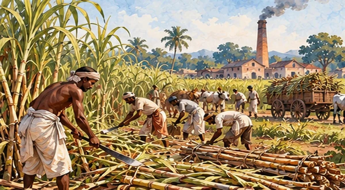 Illustration of Indian indentured labourers cutting sugarcane on a 19th-century plantation in a tropical colony, a mill chimney in the distance