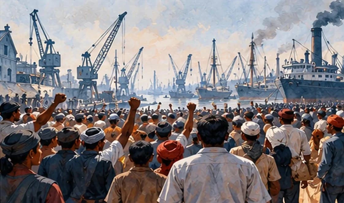 Illustration of a 1940s general strike in Bombay: dock workers and mill hands gathered on a wide street, cranes and ships in the harbour behind