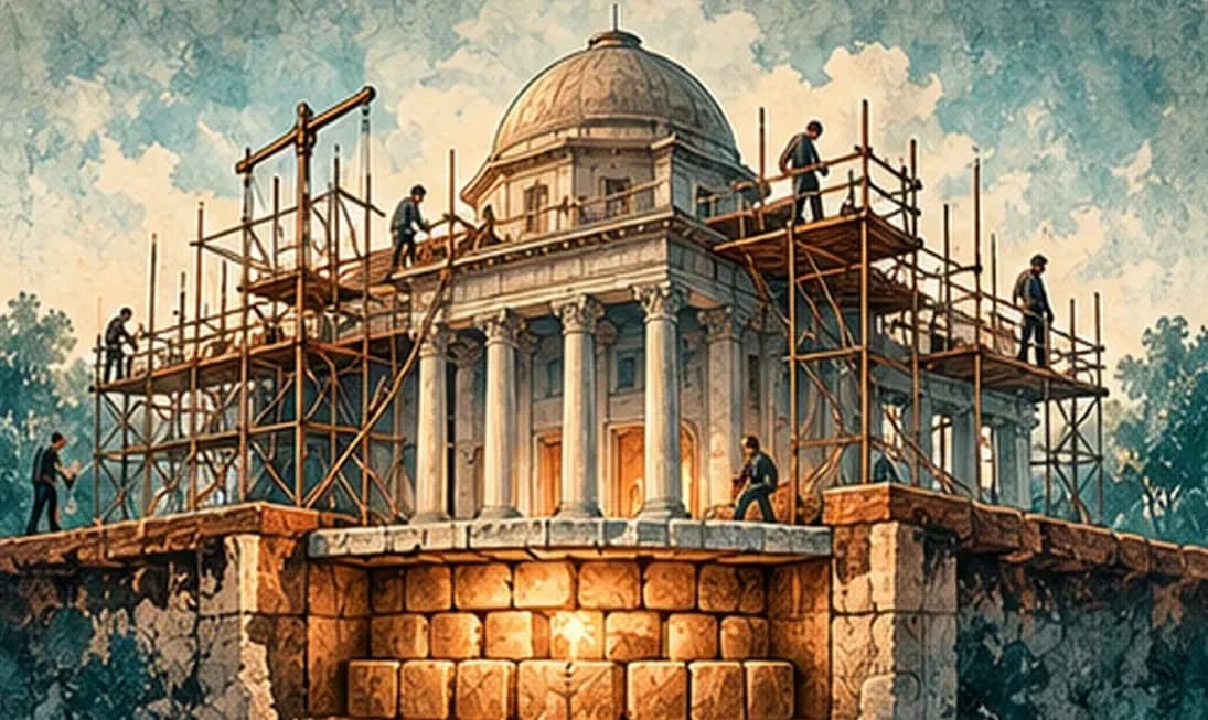 A classical building whose foundation stones glow gold while workers renovate the upper floors