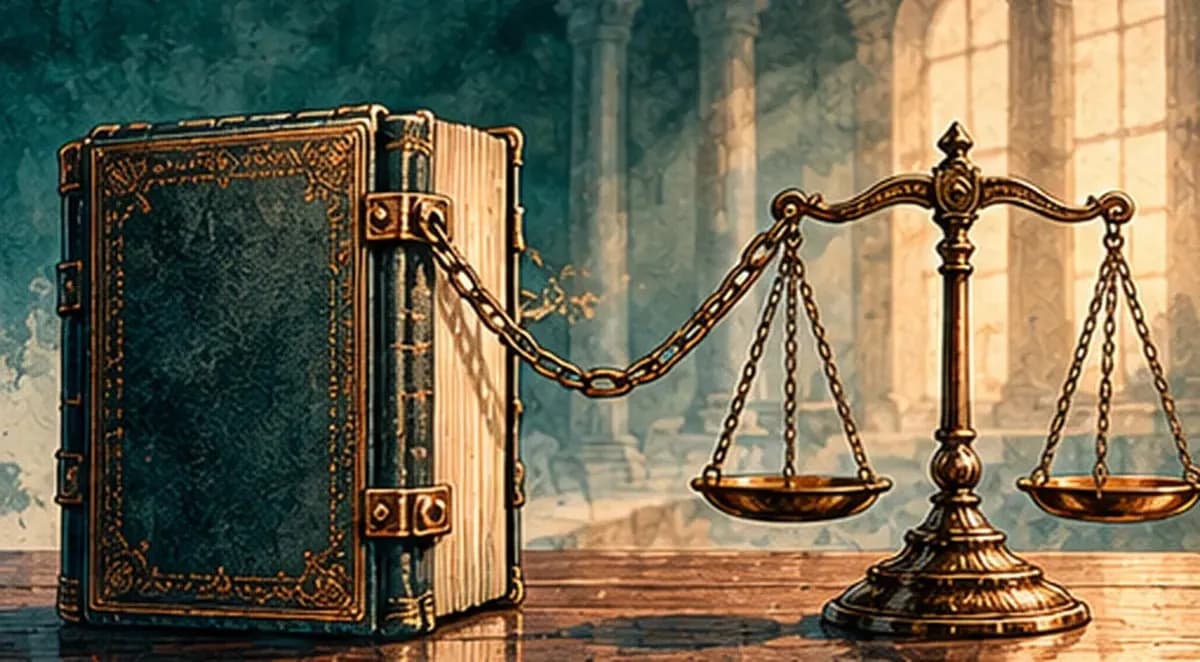 A bound constitution book on one side and a balance scale with a chain of limits on the other