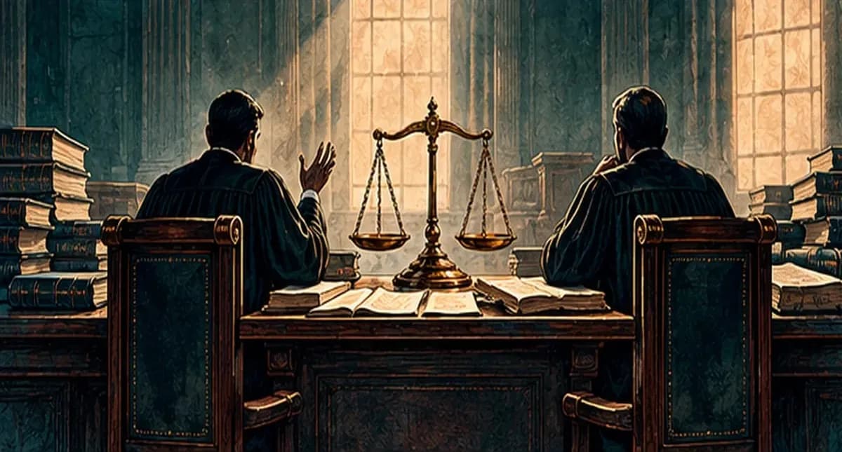 Two robed judges in silhouette debating across a table piled with law books, a balance scale between them