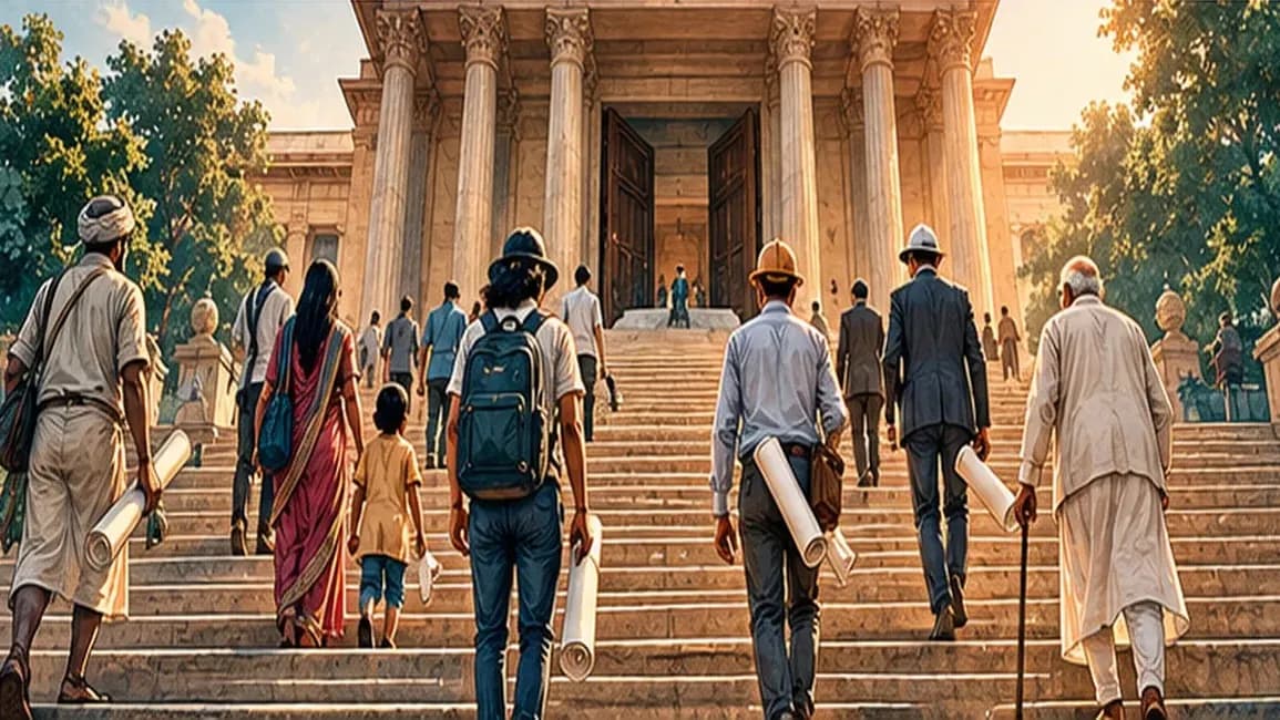A court building with open doors where citizens from all walks of life climb the steps carrying petitions