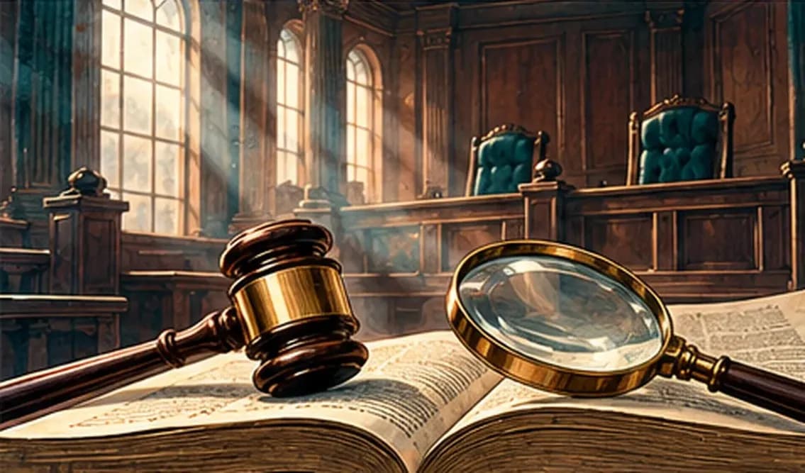 A judge's gavel resting on an open law book under a magnifying glass, in a wood-panelled courtroom