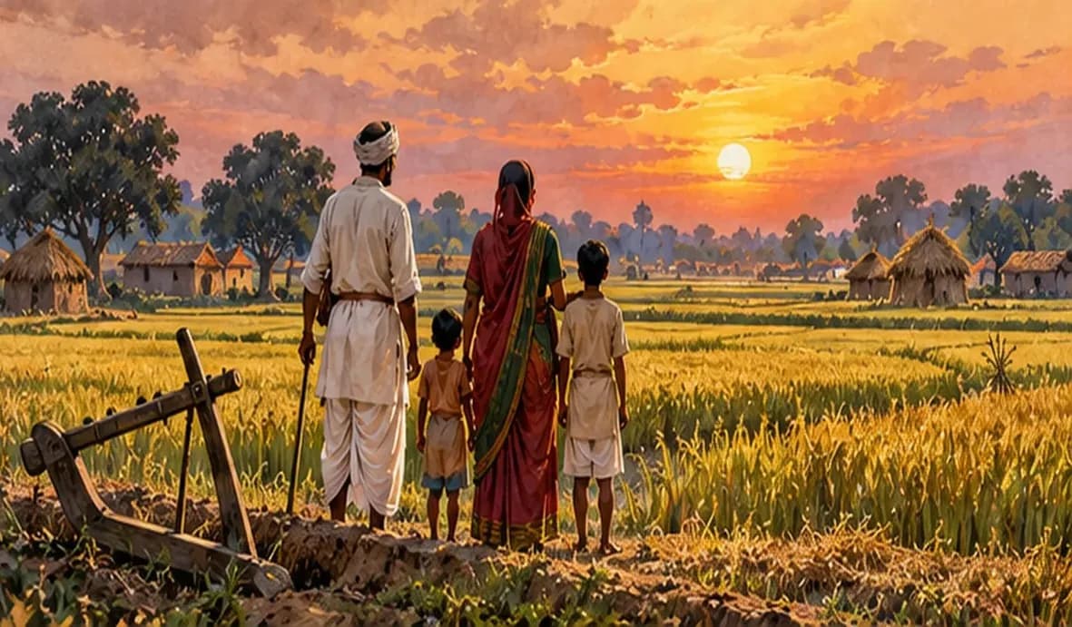 Illustration of a Bihar peasant family standing at the edge of their own field at dusk in the early 1950s, a plough resting nearby