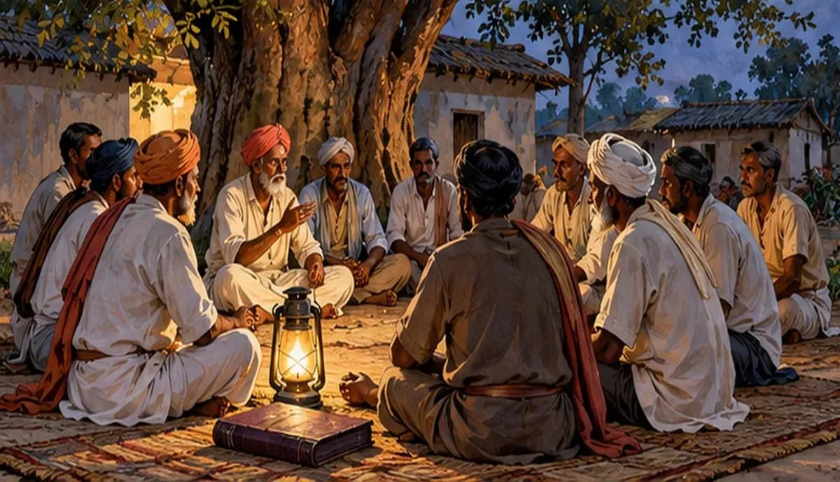 Illustration of a small village council of peasants seated on a mat under a tree in 1930s Bihar, a lantern and a register beside them