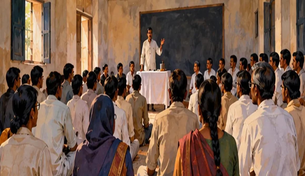 Illustration of a 1930s socialist meeting in a modest hall in India, young men and women in khadi listening to a speaker, seen from behind