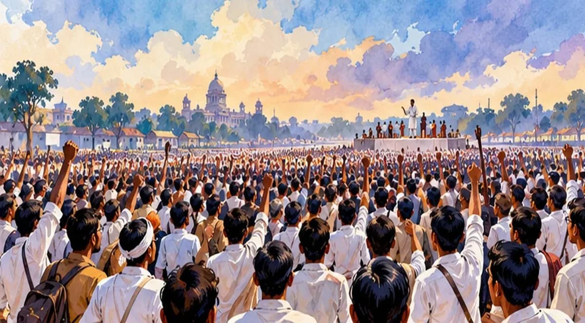 Illustration of a huge peaceful crowd of students and citizens on a vast open ground in Patna in 1974, seen from behind under a wide sky