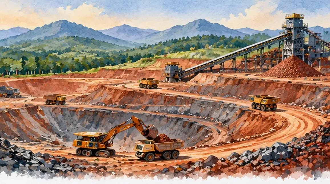 An open-cast iron ore mine on a red plateau with trucks, a conveyor and forested hills beyond