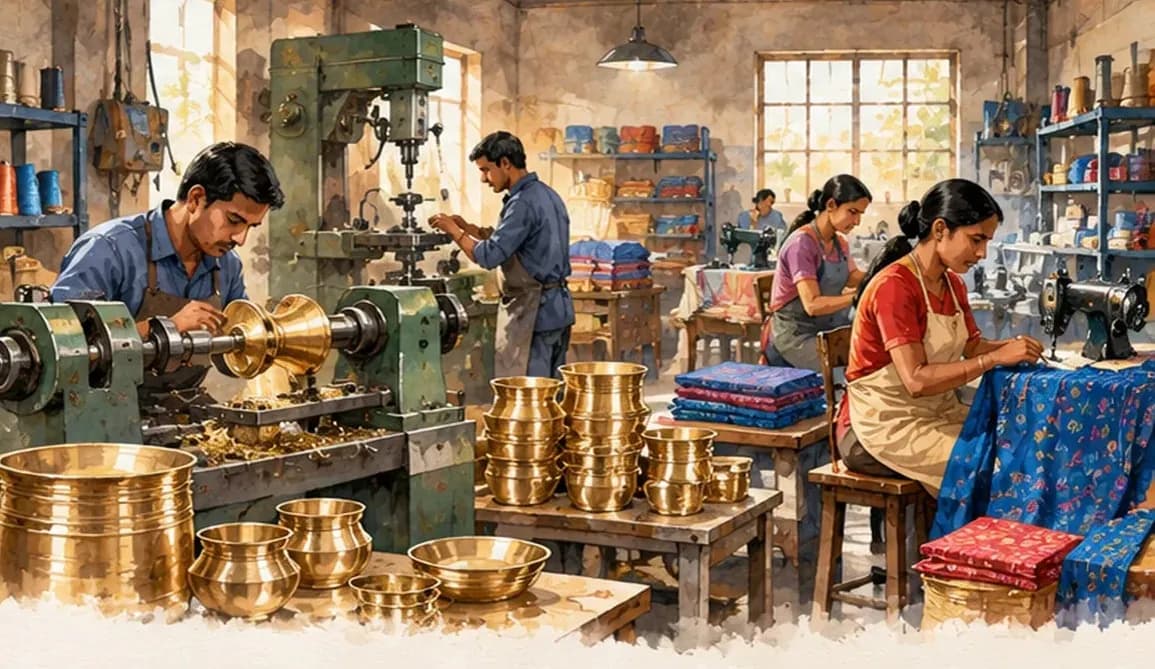 A small workshop with a few workers at simple machines making brass utensils and garments