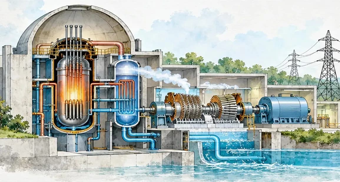 Illustration of a nuclear power station by the sea, with a reactor dome, turbine hall and cooling tower