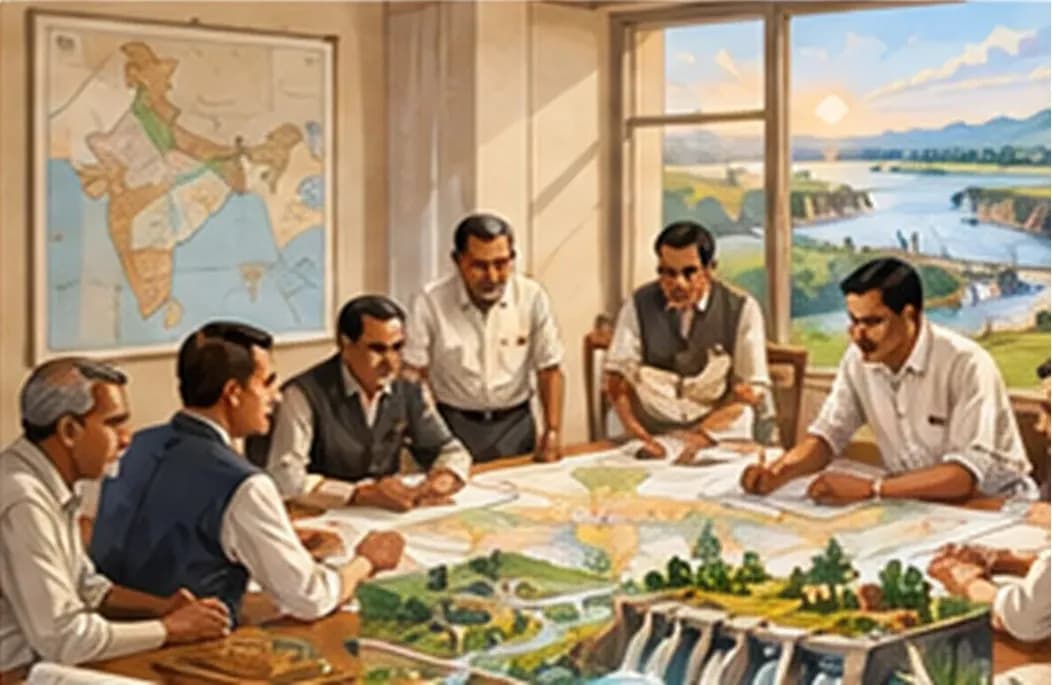 Planners around a large table in the 1950s with maps of dams, steel plants and fields spread out