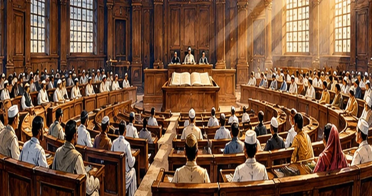 A grand assembly hall in 1949 with members seated in rows as a large handwritten constitution lies open on a table