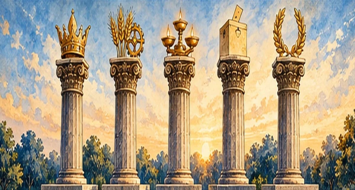 Five classical stone pillars standing in a row under a soft sky, each crowned with a different symbol