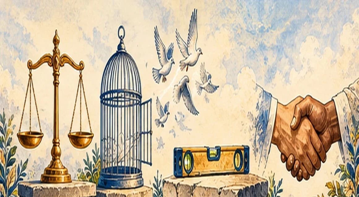 Four emblems side by side: a balance scale, birds flying from an open cage, a level, and clasped hands