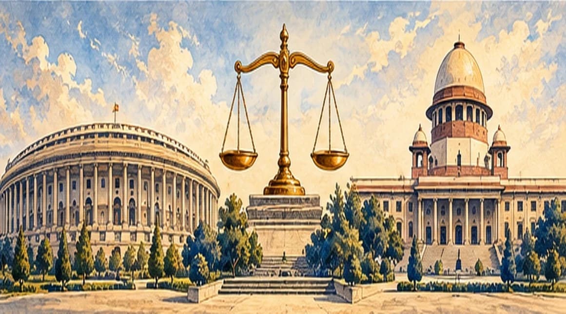 A circular colonnaded parliament building and a domed court building facing each other, balanced on a golden scale