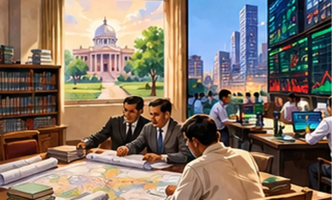 A planning office with old Five-Year Plan volumes on one side and a stock-exchange ticker screen on the other