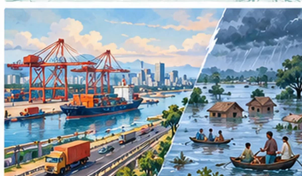 A split landscape of India: a busy coastal port city on one side and quiet flooded farmland on the other
