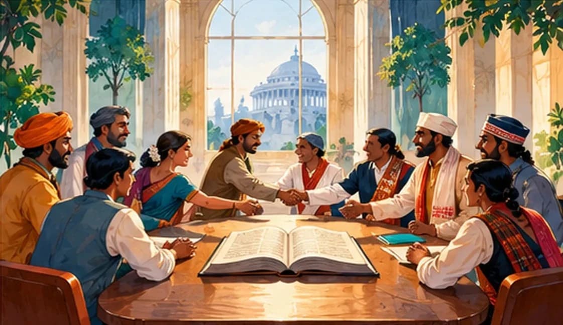 Representatives of different regions signing an accord at a long table, with handshakes and an open constitution in the centre