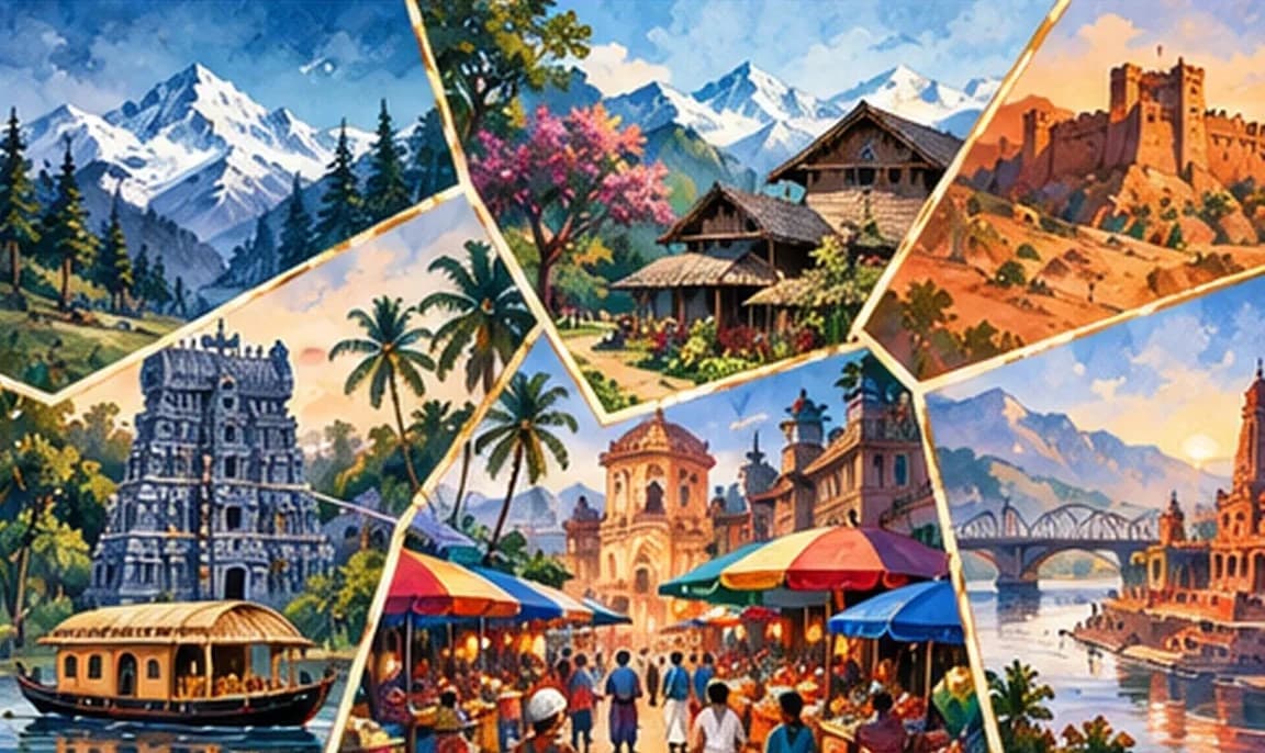 A collage of India's diversity: snowy mountains, a southern temple, a Rajput fort, a tribal village and a crowded market of signboards without text