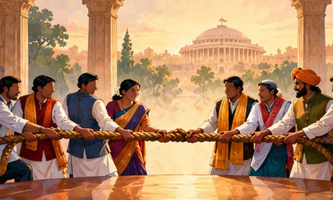 A coalition table where many leaders in differently coloured stoles pull a single large rope in slightly different directions