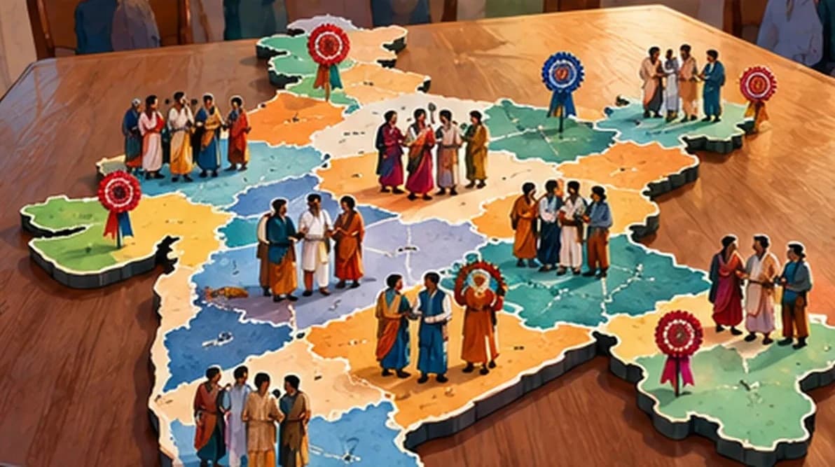 Many differently coloured regional rosettes and pennants without symbols arranged across a stylised map of India