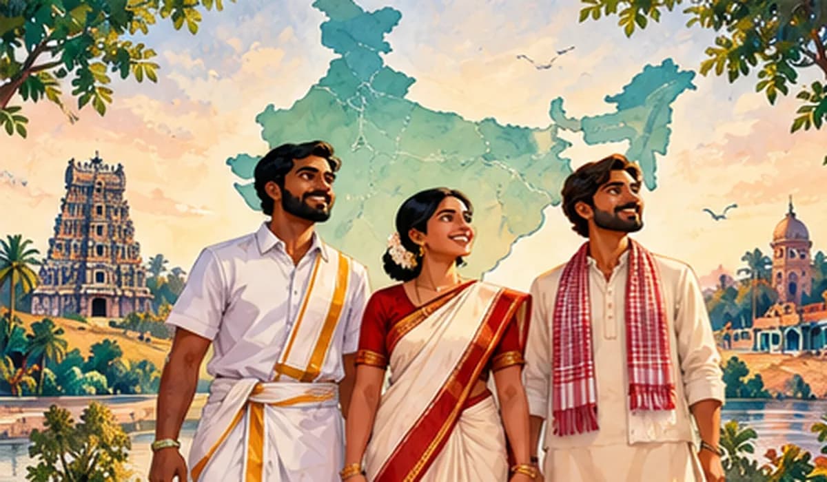 Three people in distinct regional dress from Tamil Nadu, Bengal and Bihar standing together before a large map of India