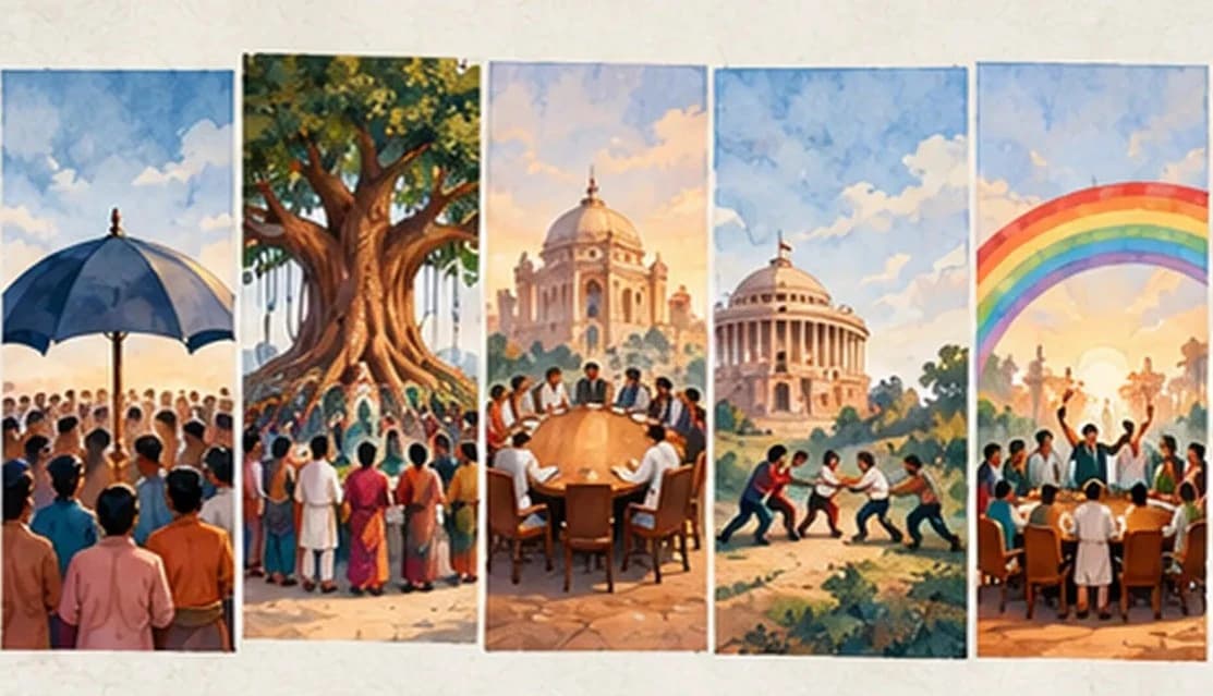 A timeline of six panels: one great umbrella, a split banyan, a crowded coalition table, a tug of war, a rainbow, and one tall tower with small houses around it