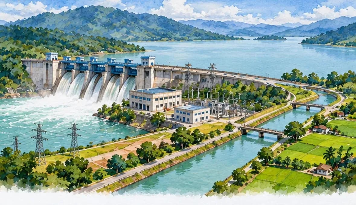 A large dam and reservoir with a canal leading to green fields and a power station below