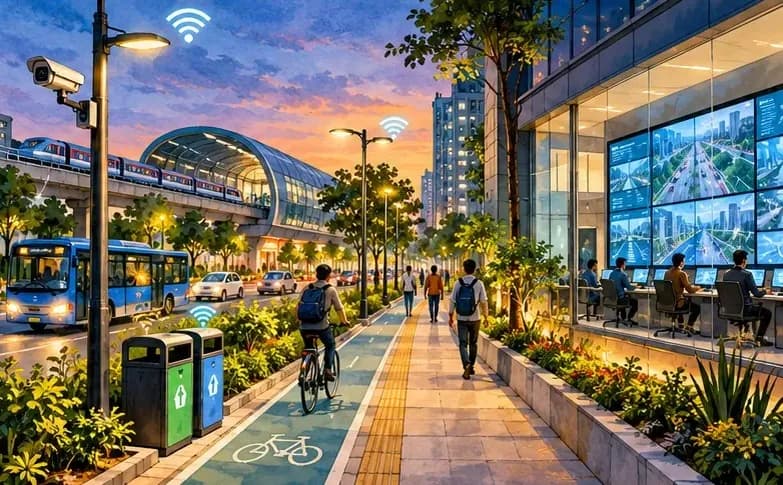 Illustration of an Indian smart city with sensor-equipped streetlights, a metro line, a control centre screen and clean, green streets