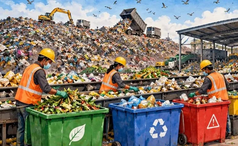 Illustration contrasting a towering city landfill with workers segregating waste into wet, dry and hazardous bins